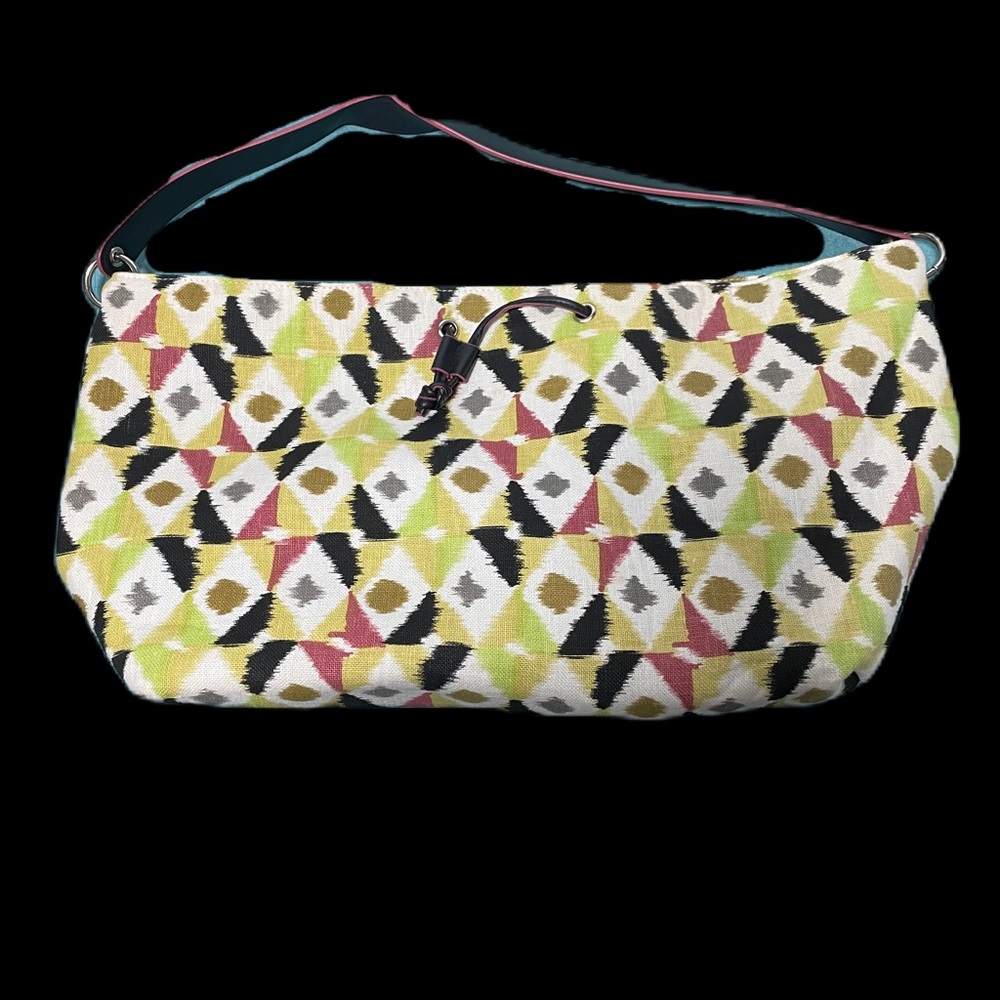 Stephaine Johnson Shoulder Bag Purse Lime Black Geometric Fabric Drawstring Tote